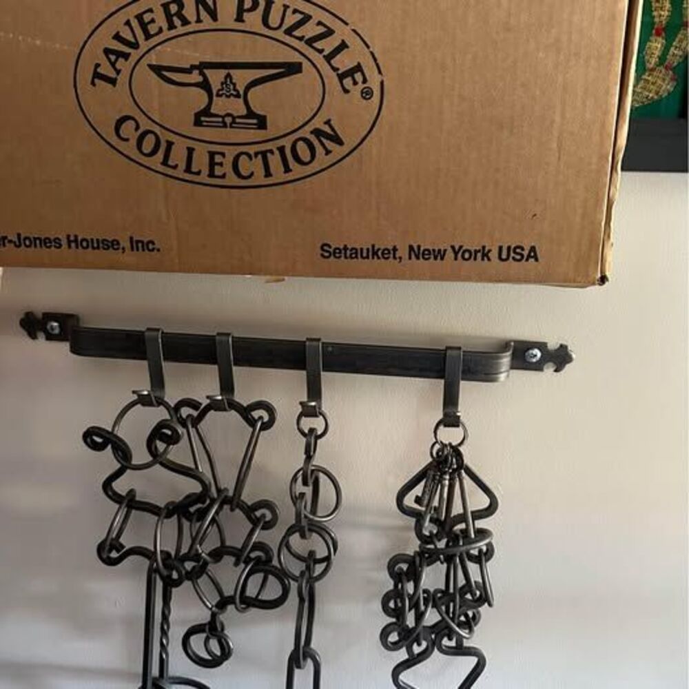 Tucker Jones TAVERN PUZZLES W/ Iron Rail And Hooks- Vintage Like! Great Bar Item